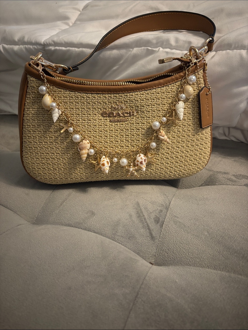 Coach Natural Straw Shoulder Bag with Caramel Trim